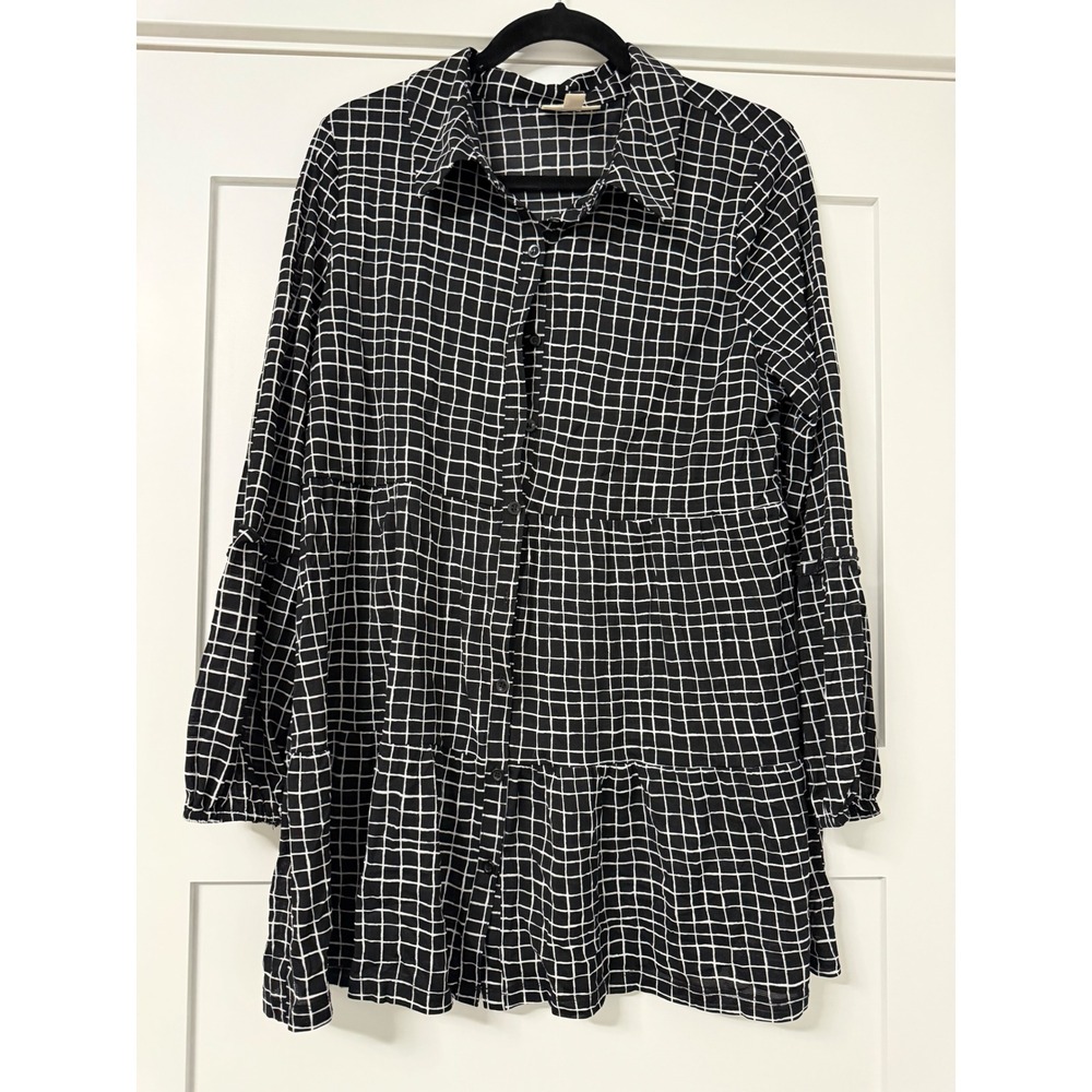 Style & Co Womens Lg Black White Grid Tiered Babydoll Button Down Tunic Blouse